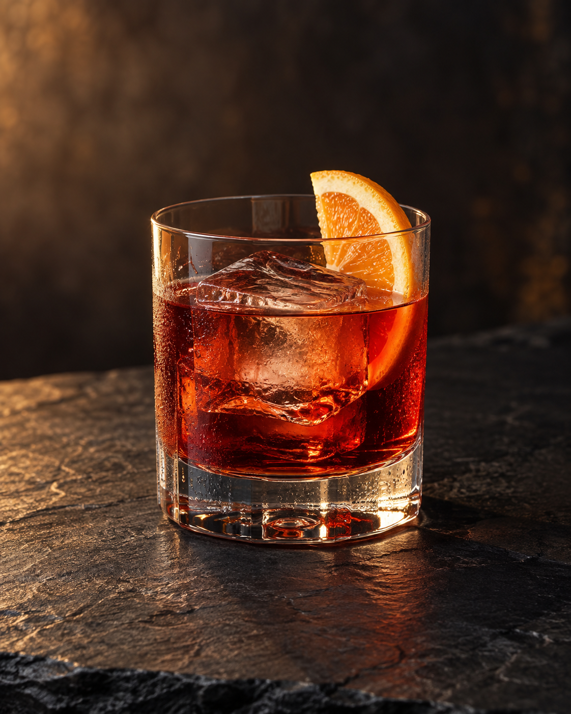 AI-generated serving illustration of a ruby-orange Negroni in a rocks glass with ice and an orange slice.