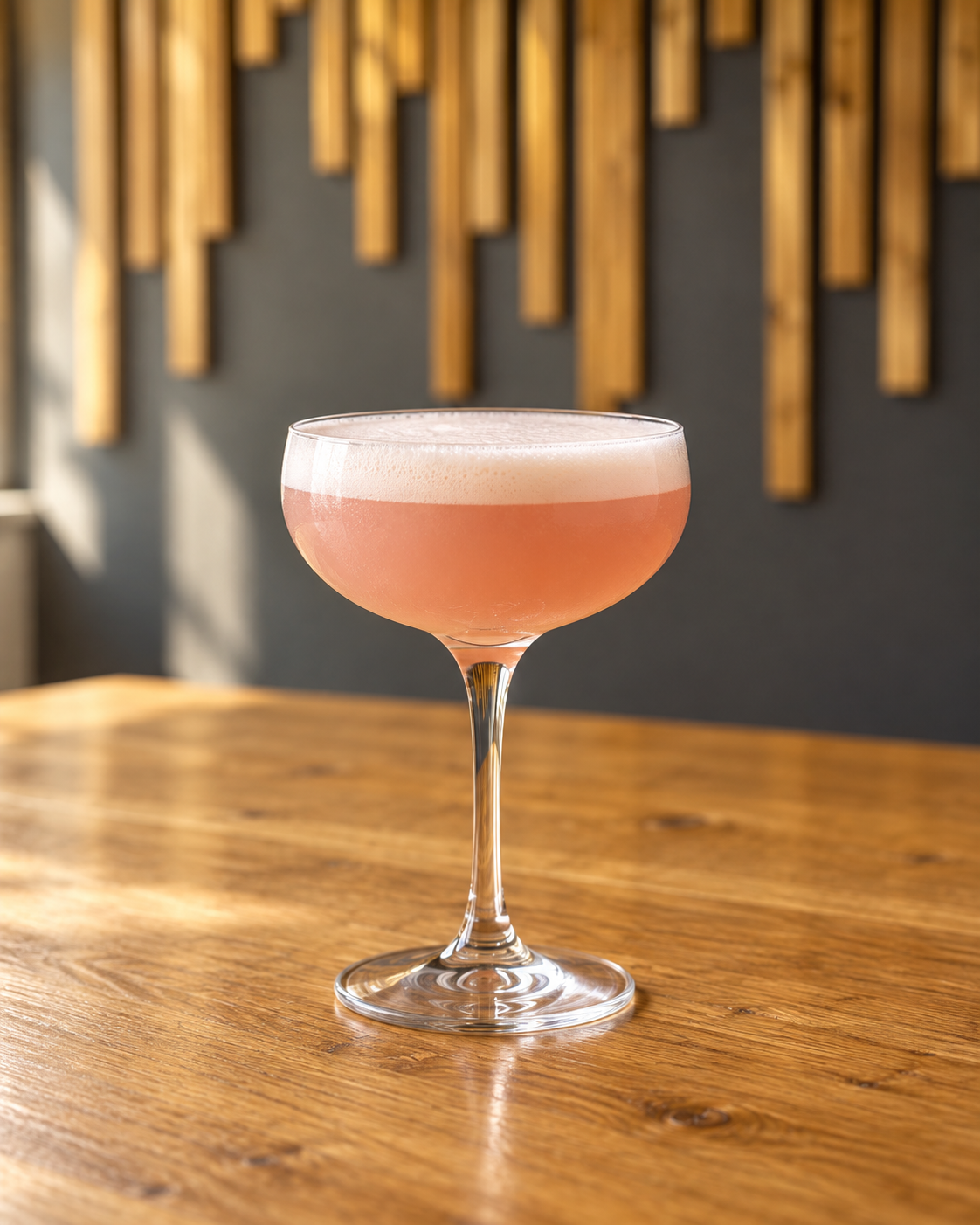 AI-generated serving illustration of pink greyhound sour on a wooden tasting table inspired by the Biggar Stillhouse